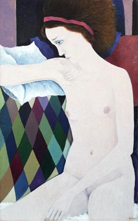 Quadro di  Milani Nudo con nastro violetto - olio tela 